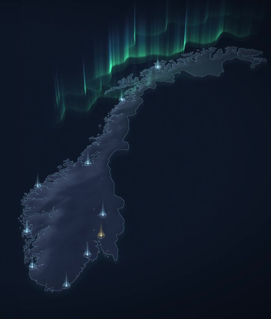 Kart over Norge med nordlys og en node hos hvert selskap